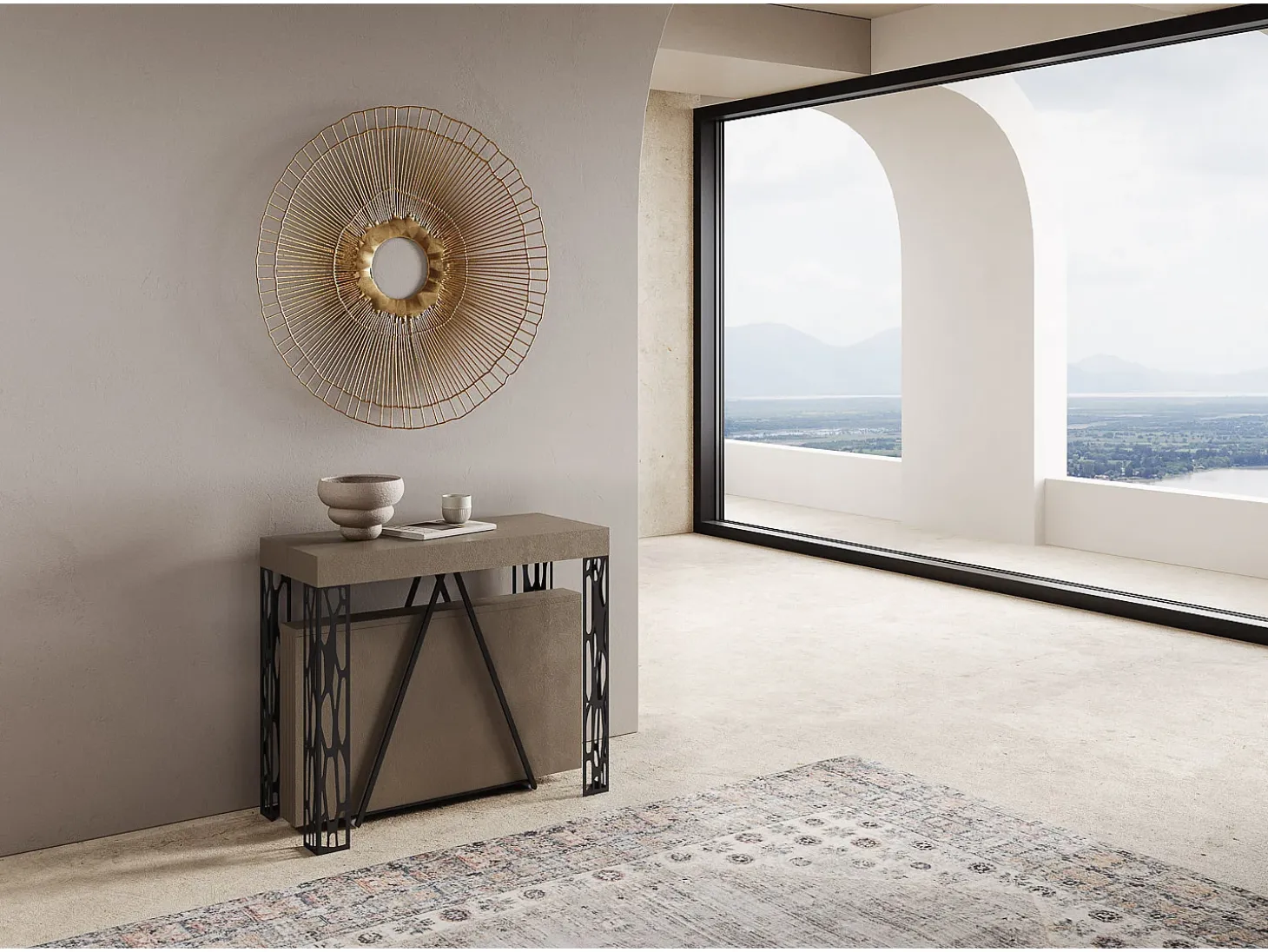 Mesa consola extensível 90x40/300 cm Kerpa tortora quadro antracite
