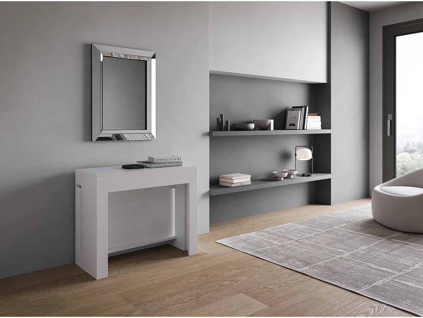 Mesa consola extensível 90x42/302 cm Evolve Cinza Branca extensões internas com banco inferior e superior