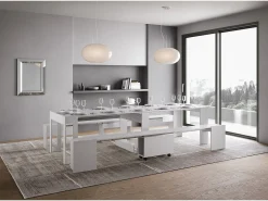 Mesa consola extensível 90x42/302 cm Evolve Cinza Branca extensões internas com banco inferior e superior