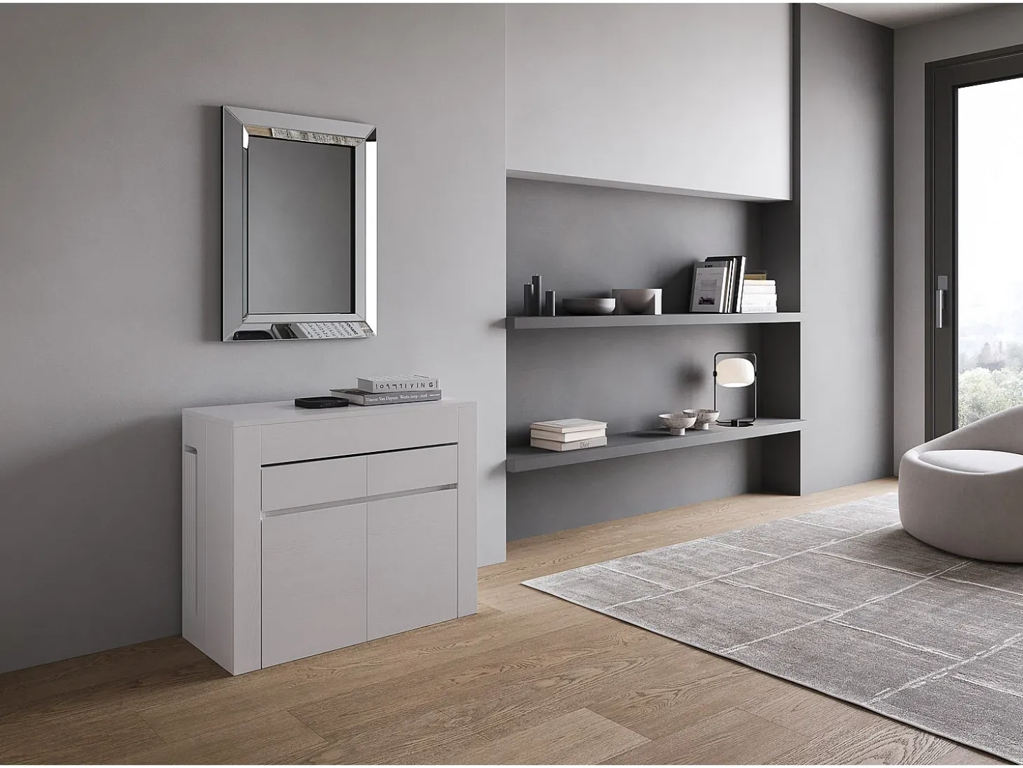 Mesa consola extensível 90x42/302 cm Evolve Cinza Branca extensões internas com banco inferior e superior
