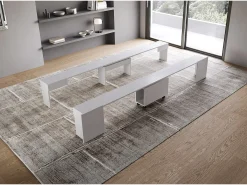 Mesa consola extensível 90x42/302 cm Evolve Cinza Branca extensões internas com banco inferior e superior