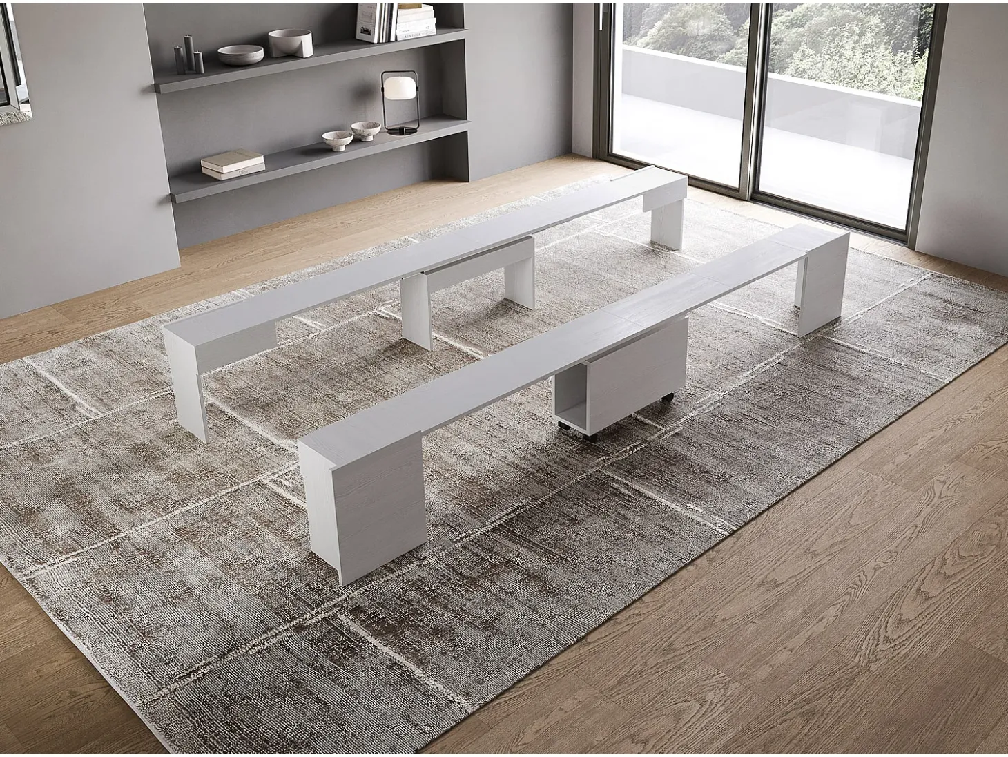 Mesa consola extensível 90x42/302 cm Evolve Cinza Branca extensões internas com banco inferior e superior
