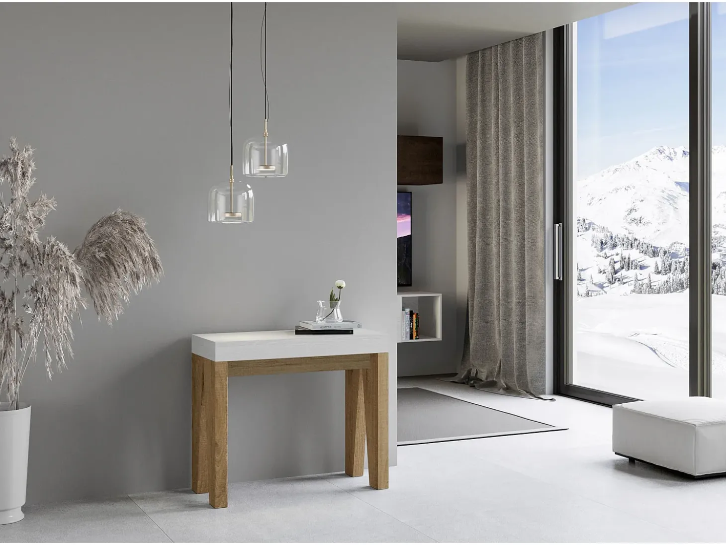 Mesa consola extensível 90x40/196 cm Naxy Mix Small plano Cinza Branca - estrutura Carvalho Natural