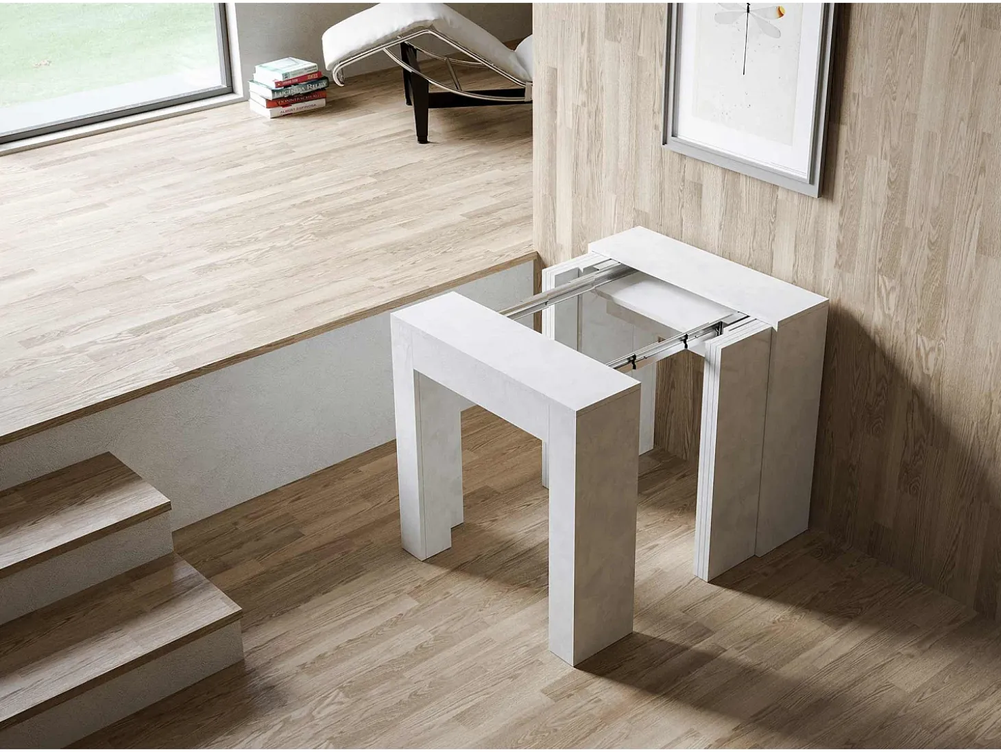 Mesa consola extensível 78x47/299 cm Allin Branco Espatulado extensões internas
