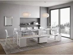 Mesa consola extensível 90x42/302 cm Evolve Cinza Branca extensões internas com banco inferior