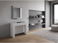 Mesa consola extensível 90x42/302 cm Evolve Cinza Branca extensões internas com banco inferior