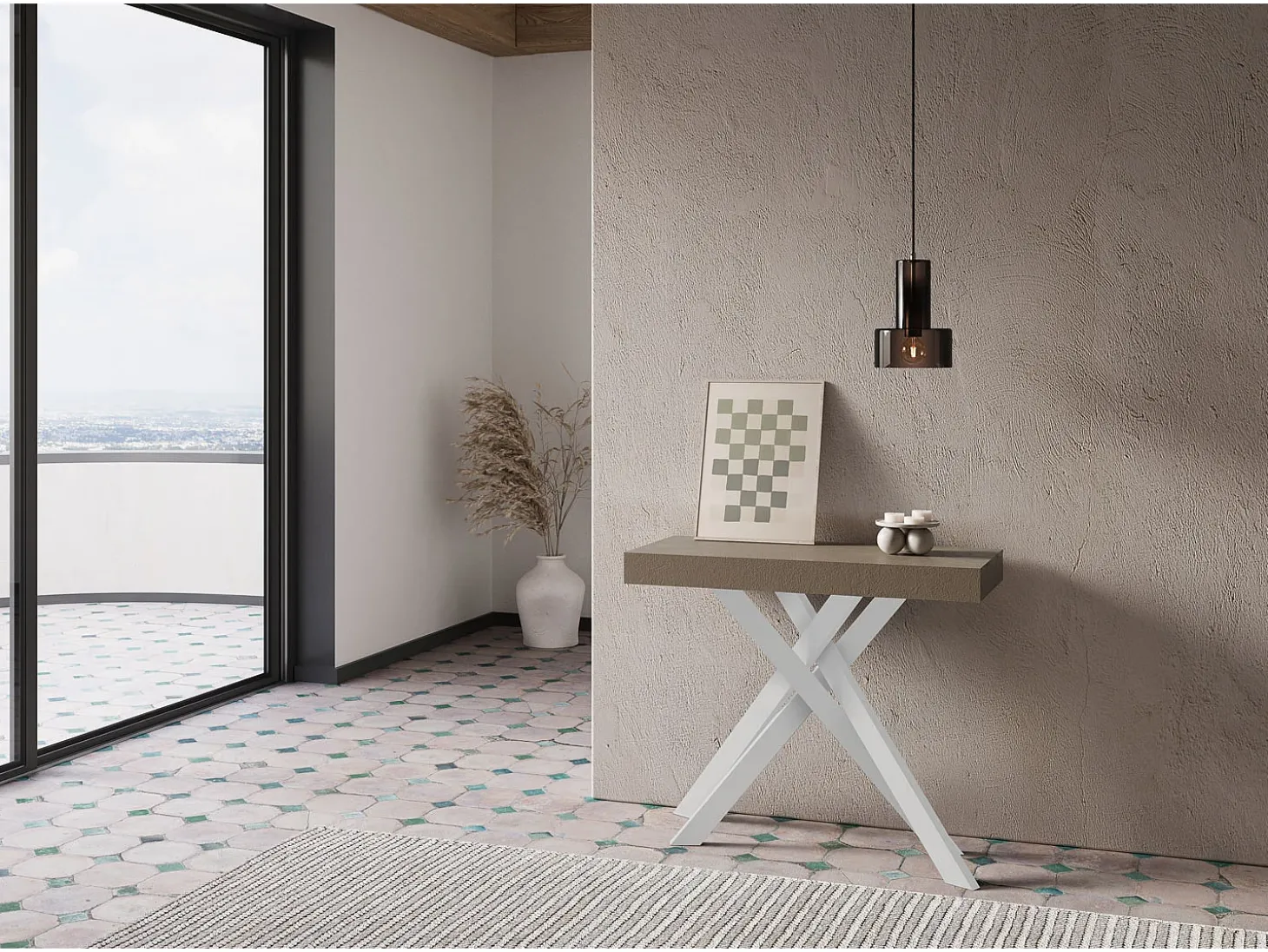 Mesa consola extensível 90x40/300 cm Krack tortora pernas brancas