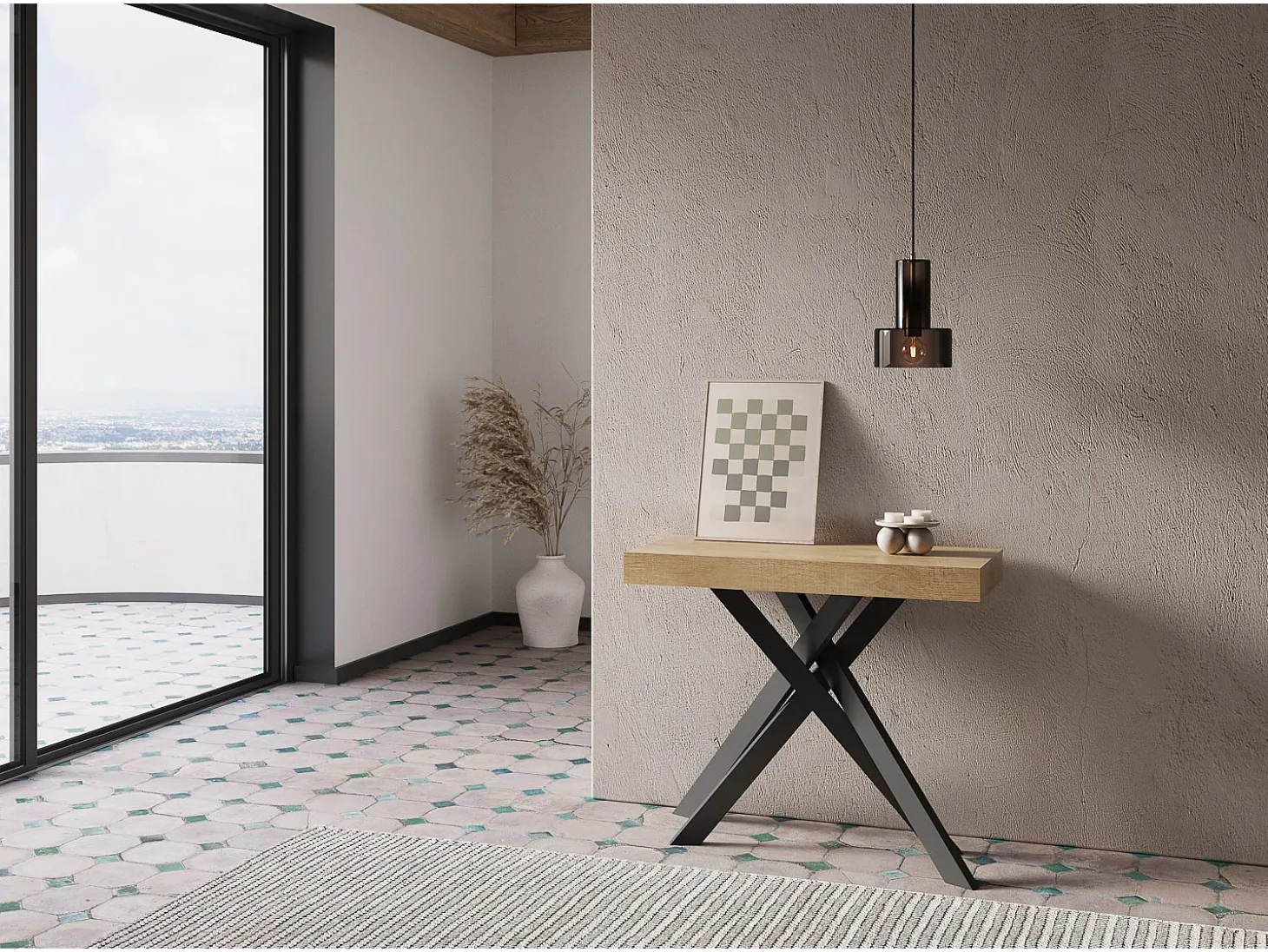 Mesa consola extensível 90x40/300 cm Krack carvalho natural pernas antracite