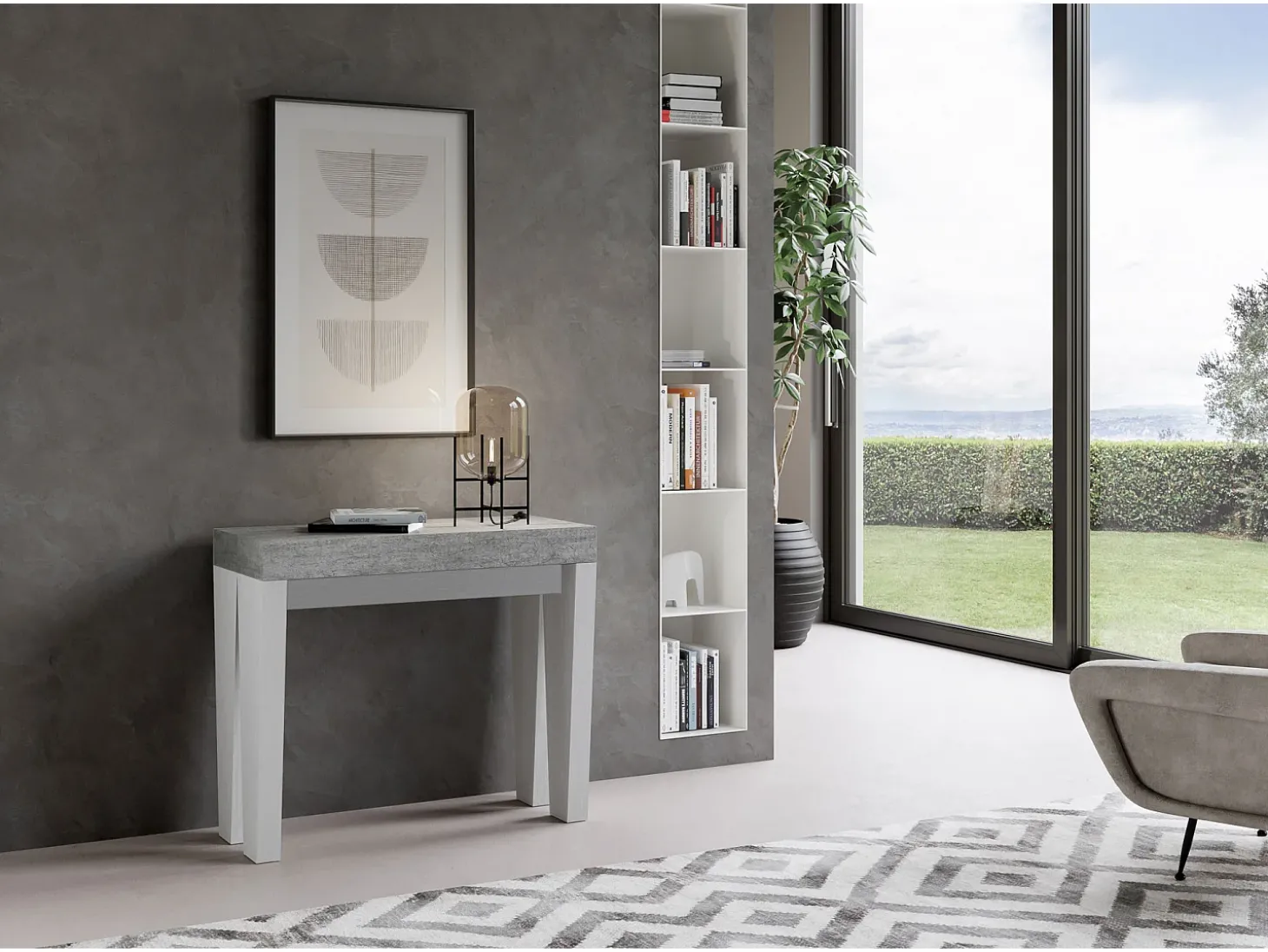 Mesa consola extensível 90x40/196 cm Spimbo Mix Small plano Cimento - estrutura Cinza Branca