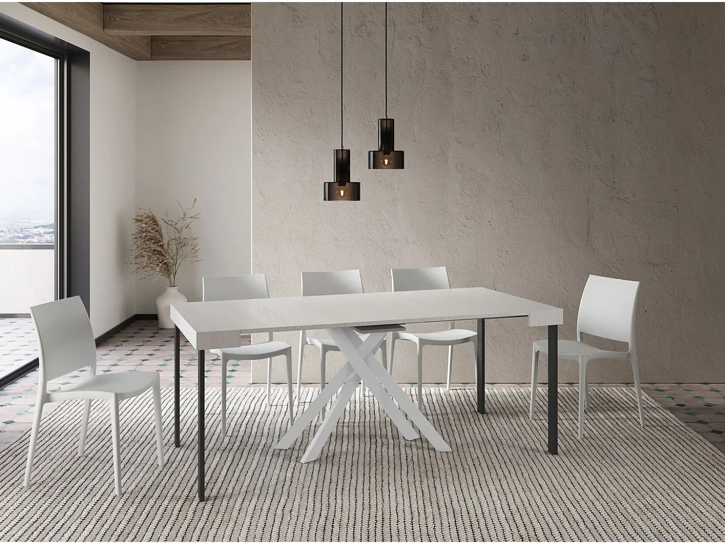 Mesa consola extensível 90x40/300 cm Krack cinza branca pernas brancas