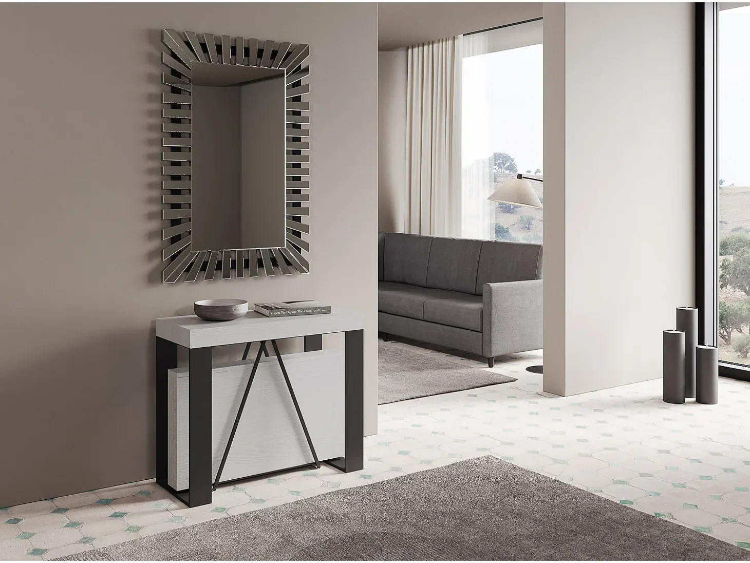 Mesa consola extensível 90x40/196 cm Zamat Small cinza branca quadro antracite