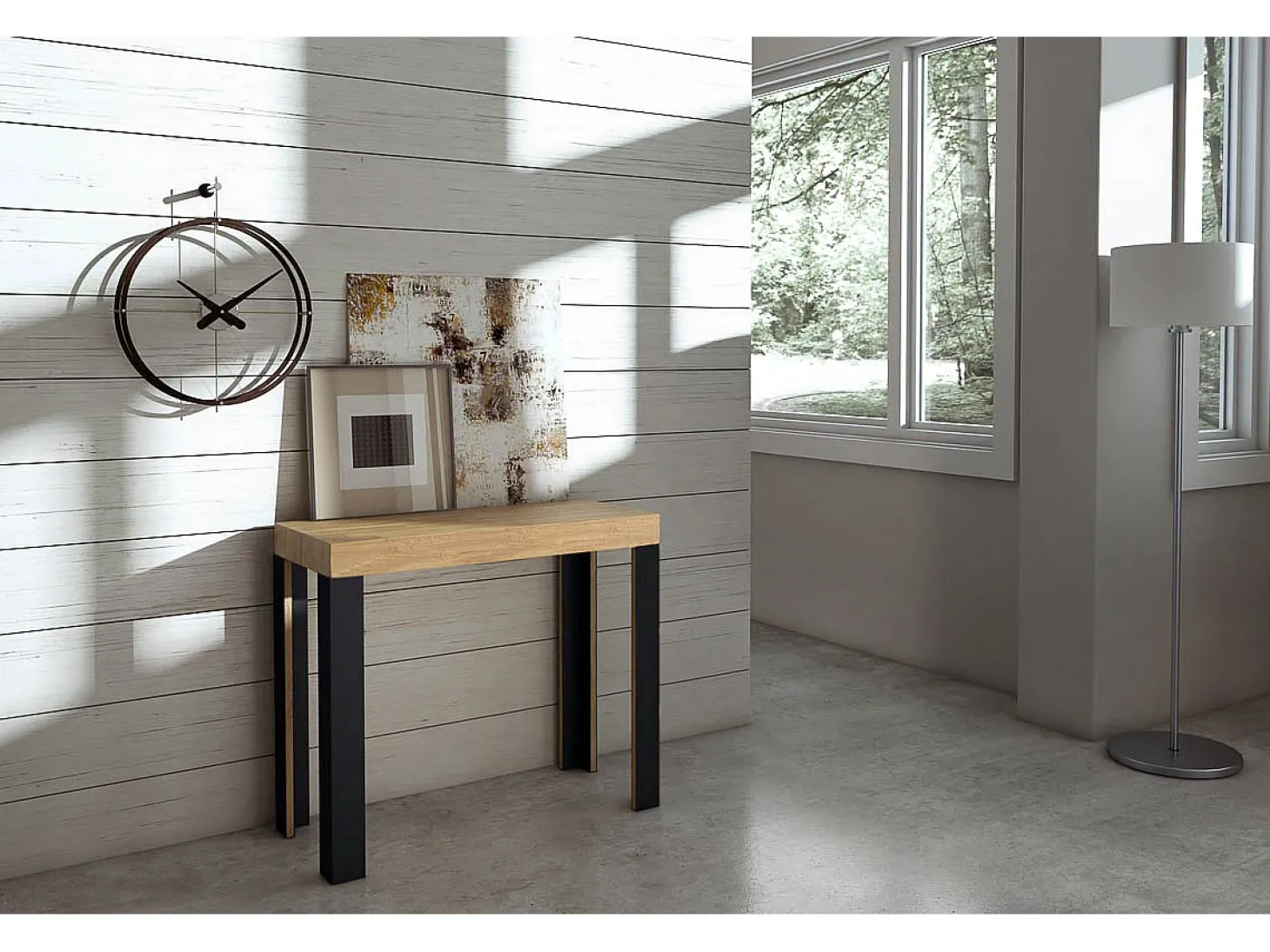 Mesa consola extensível 90x40/300 cm Linea Carvalho Natural quadro Antracite