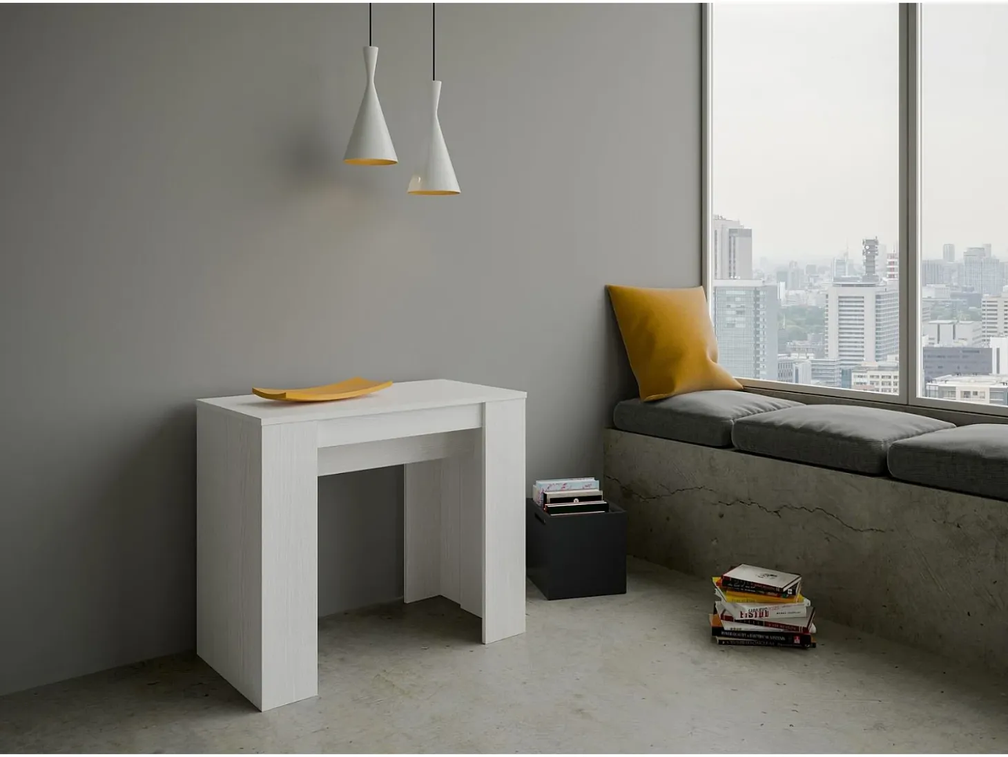 Mesa consola extensível 90x48/204 cm Basic Small Cinza Branca
