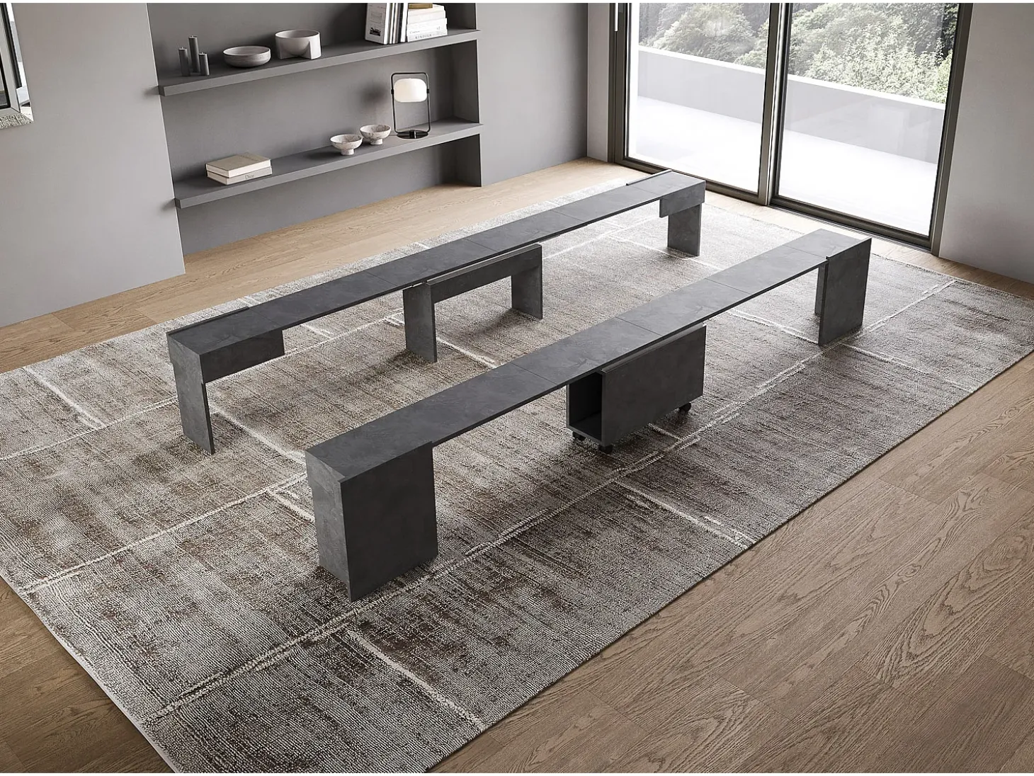 Mesa consola extensível 90x42/302 cm Evolve Antracite Espatulado extensões internas com banco inferior e superior