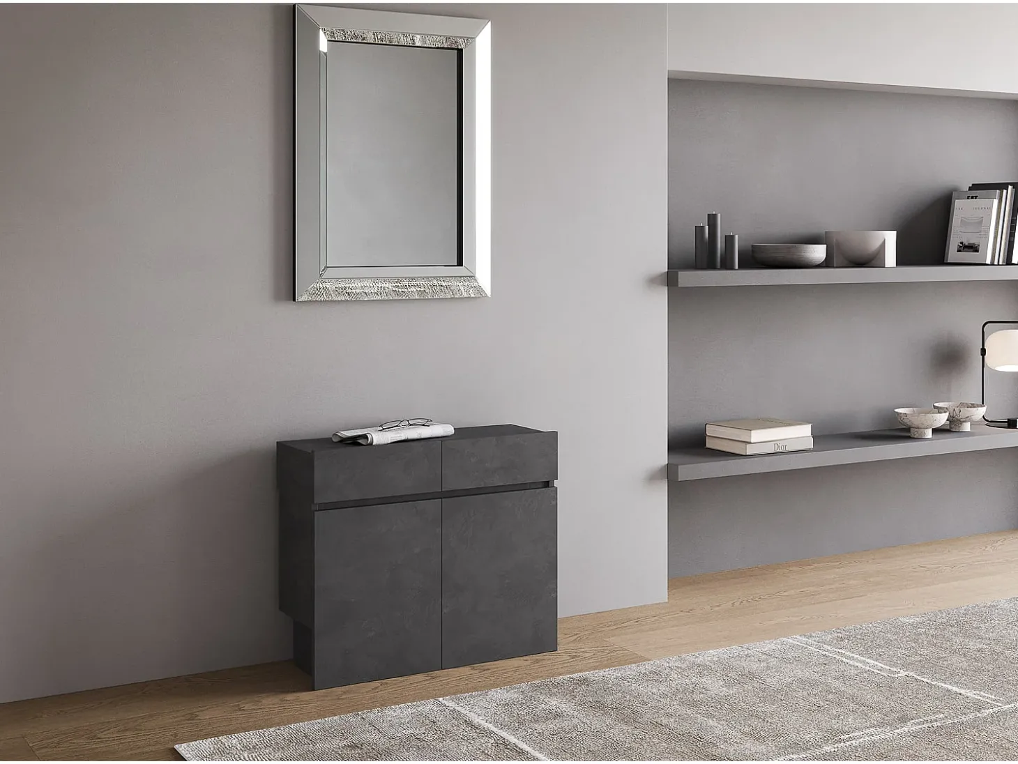Mesa consola extensível 90x42/302 cm Evolve Antracite Espatulado extensões internas com banco inferior e superior