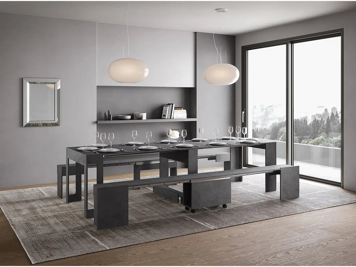 Mesa consola extensível 90x42/302 cm Evolve Antracite Espatulado extensões internas com banco inferior e superior