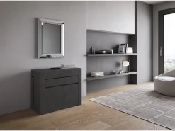 Mesa consola extensível 90x42/302 cm Evolve Antracite Espatulado extensões internas com banco inferior e superior