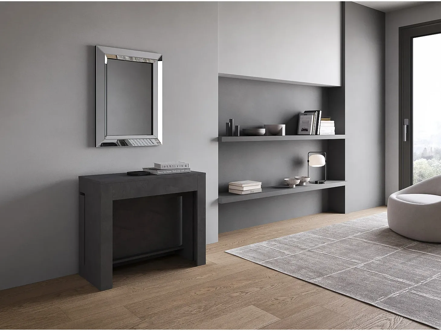 Mesa consola extensível 90x42/302 cm Evolve Antracite Espatulado extensões internas com banco inferior e superior