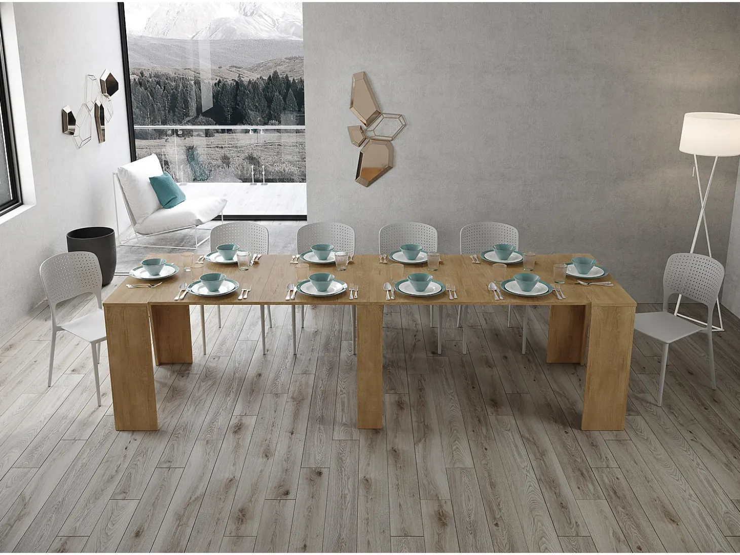 Mesa consola extensível 90x48/296 cm Bakari carvalho natural
