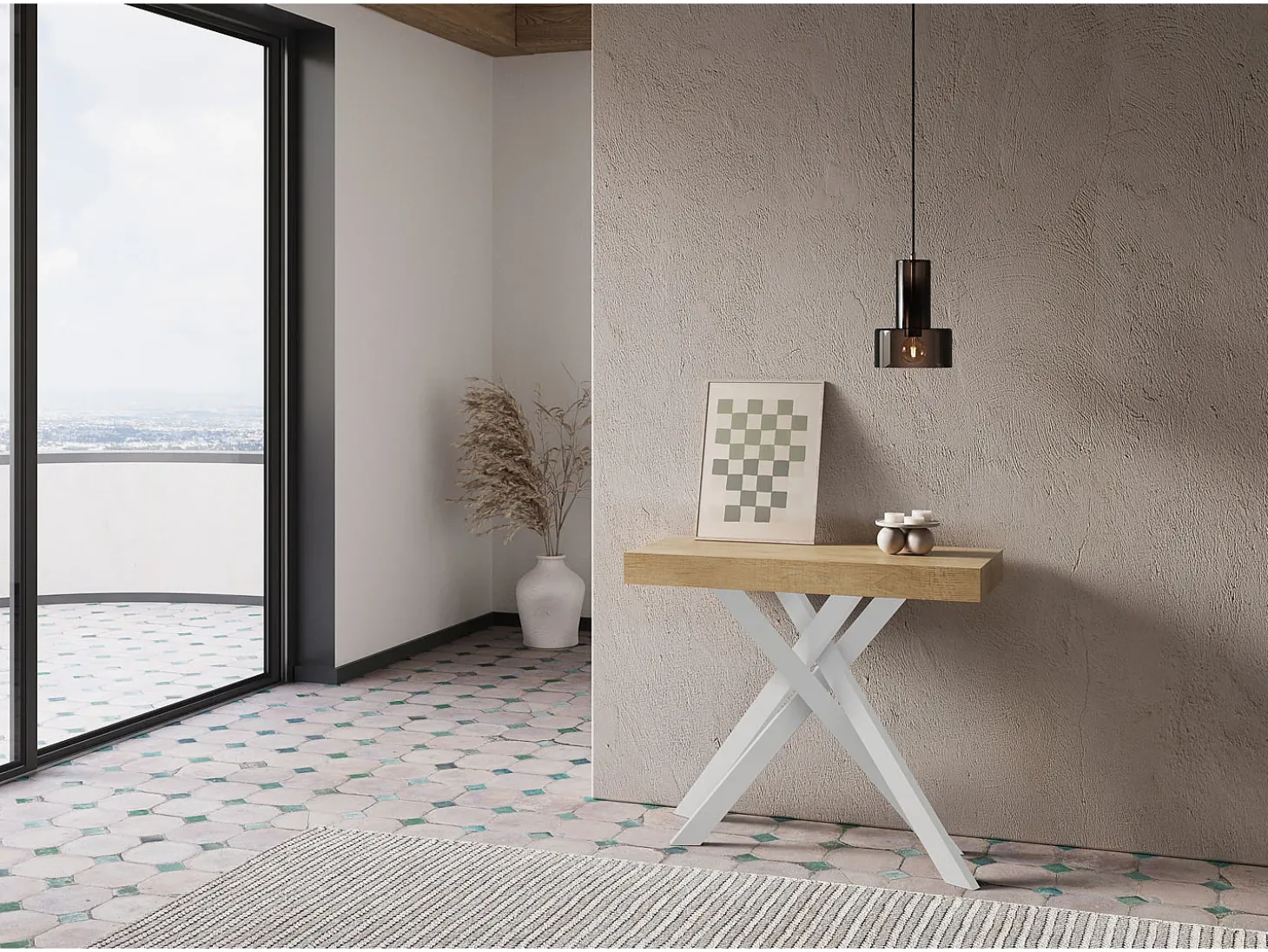 Mesa consola extensível 90x40/300 cm Krack carvalho natural pernas brancas