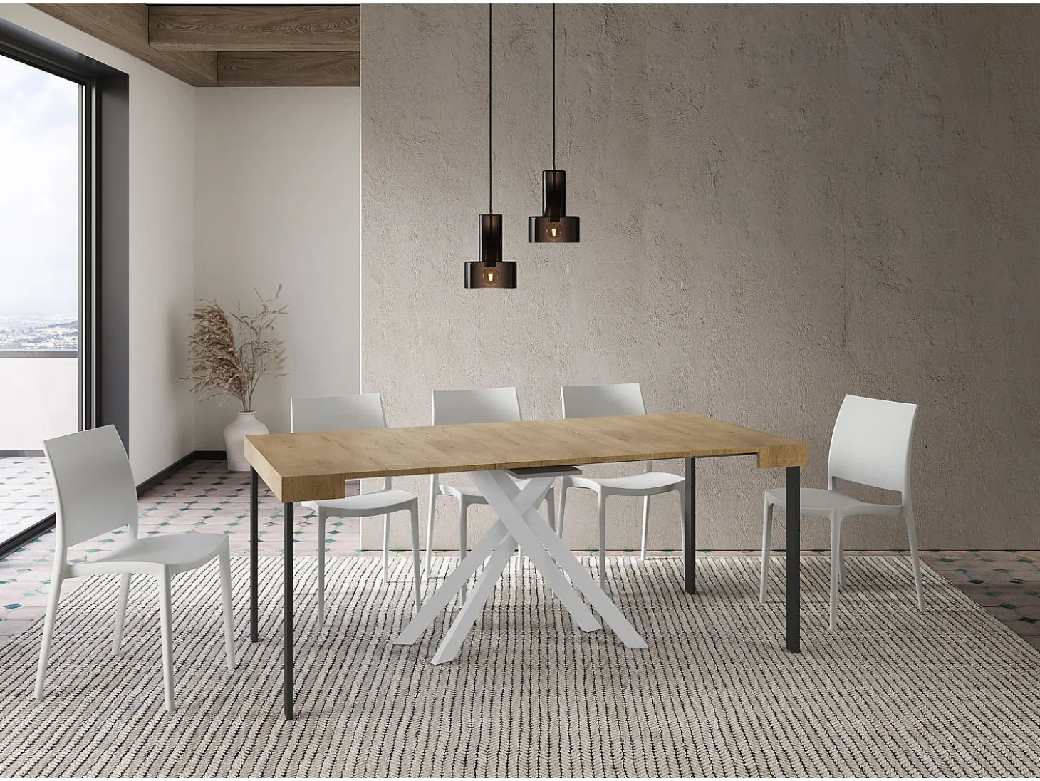 Mesa consola extensível 90x40/300 cm Krack carvalho natural pernas brancas