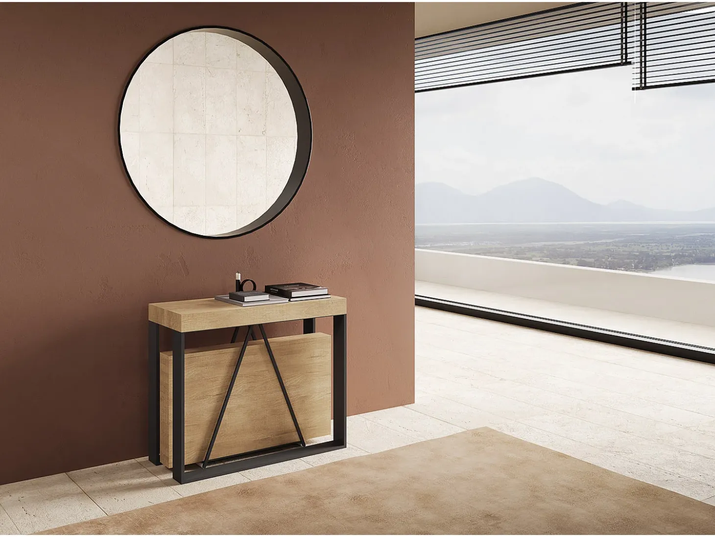 Mesa consola extensível 90x40/300cm Sketa carvalho natural quadro antracite