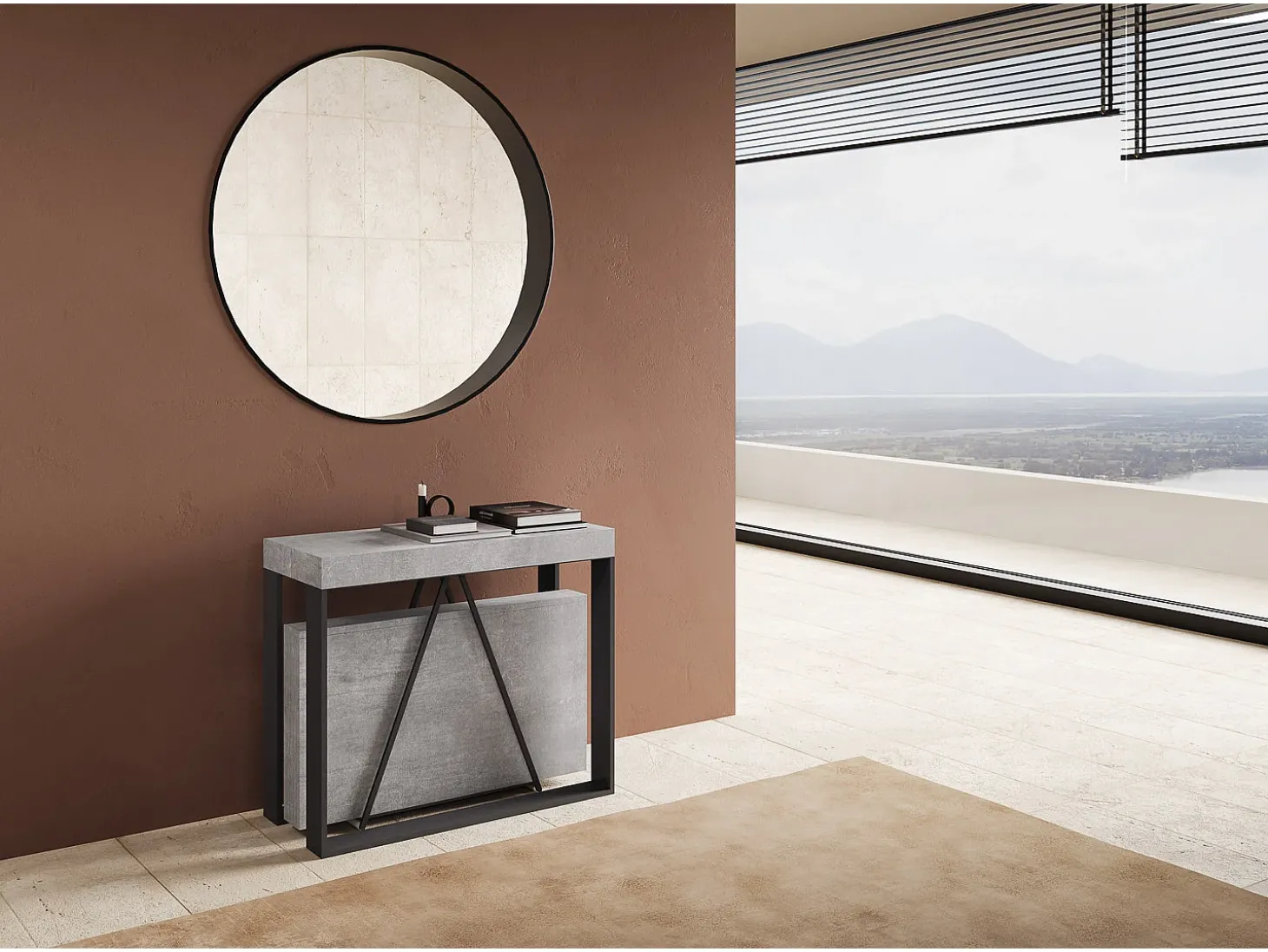 Mesa consola extensível 90x40/300cm Sketa cimento quadro antracite