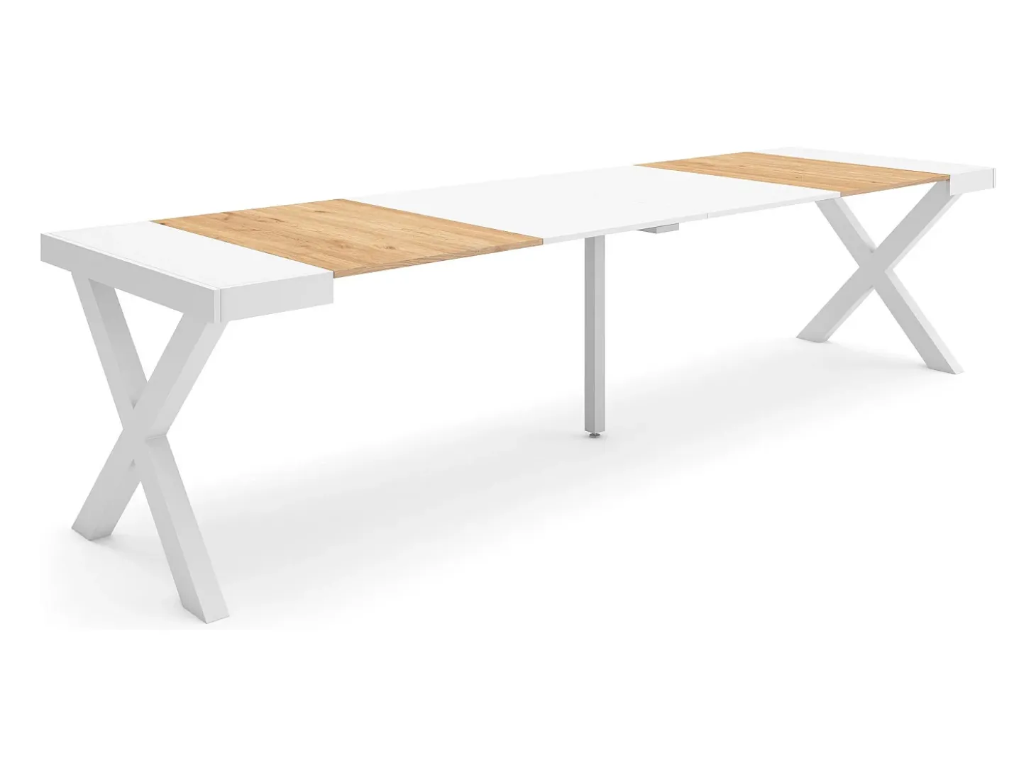 Mesa Consola Extensível, 302x90x73cm, Para 14 pessoas, Pés de madeira, Carvahlo e branco