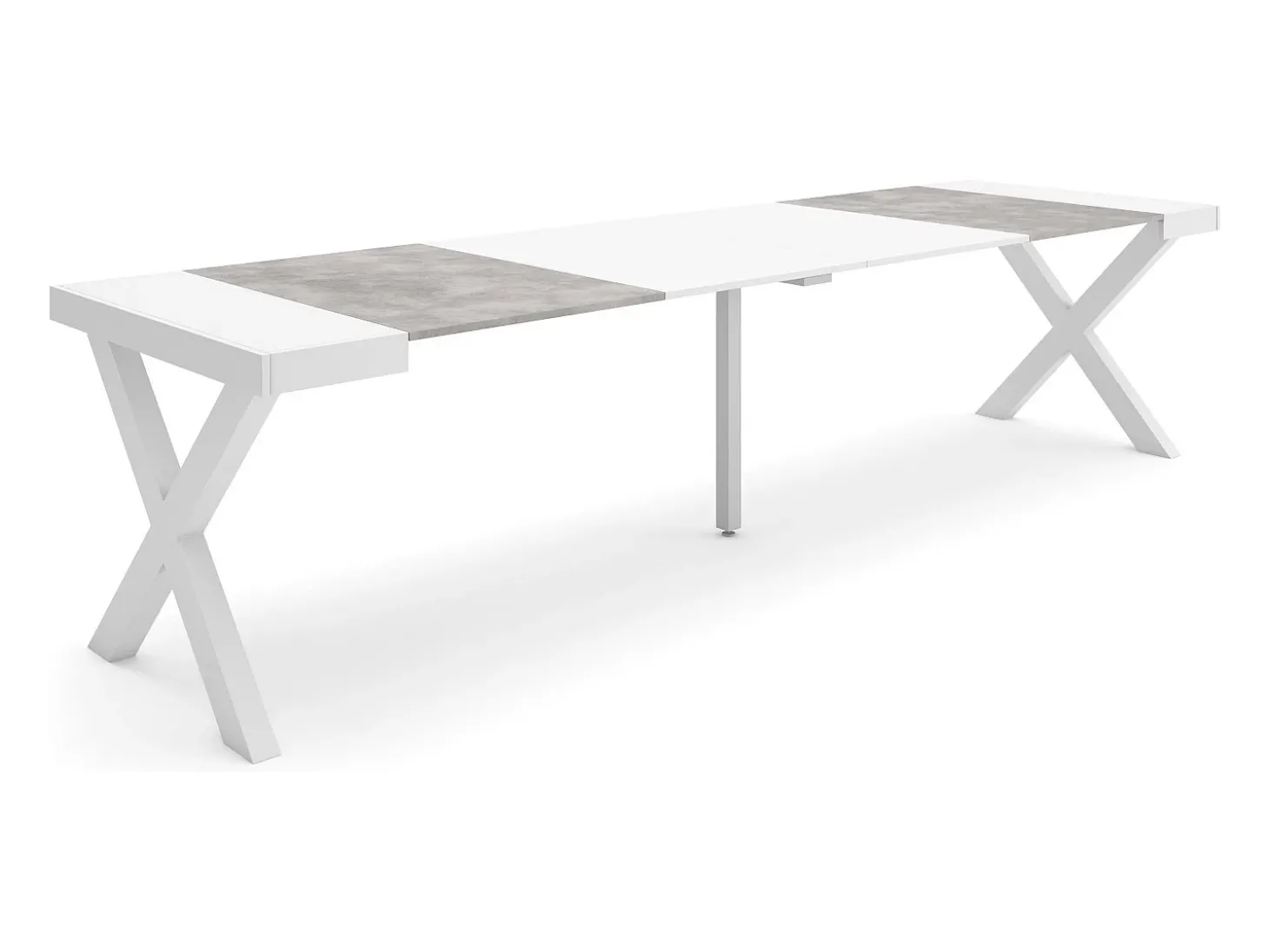Mesa Consola Extensível, 302x90x73cm, Para 14 pessoas, Pés de madeira, Branco e cinzento