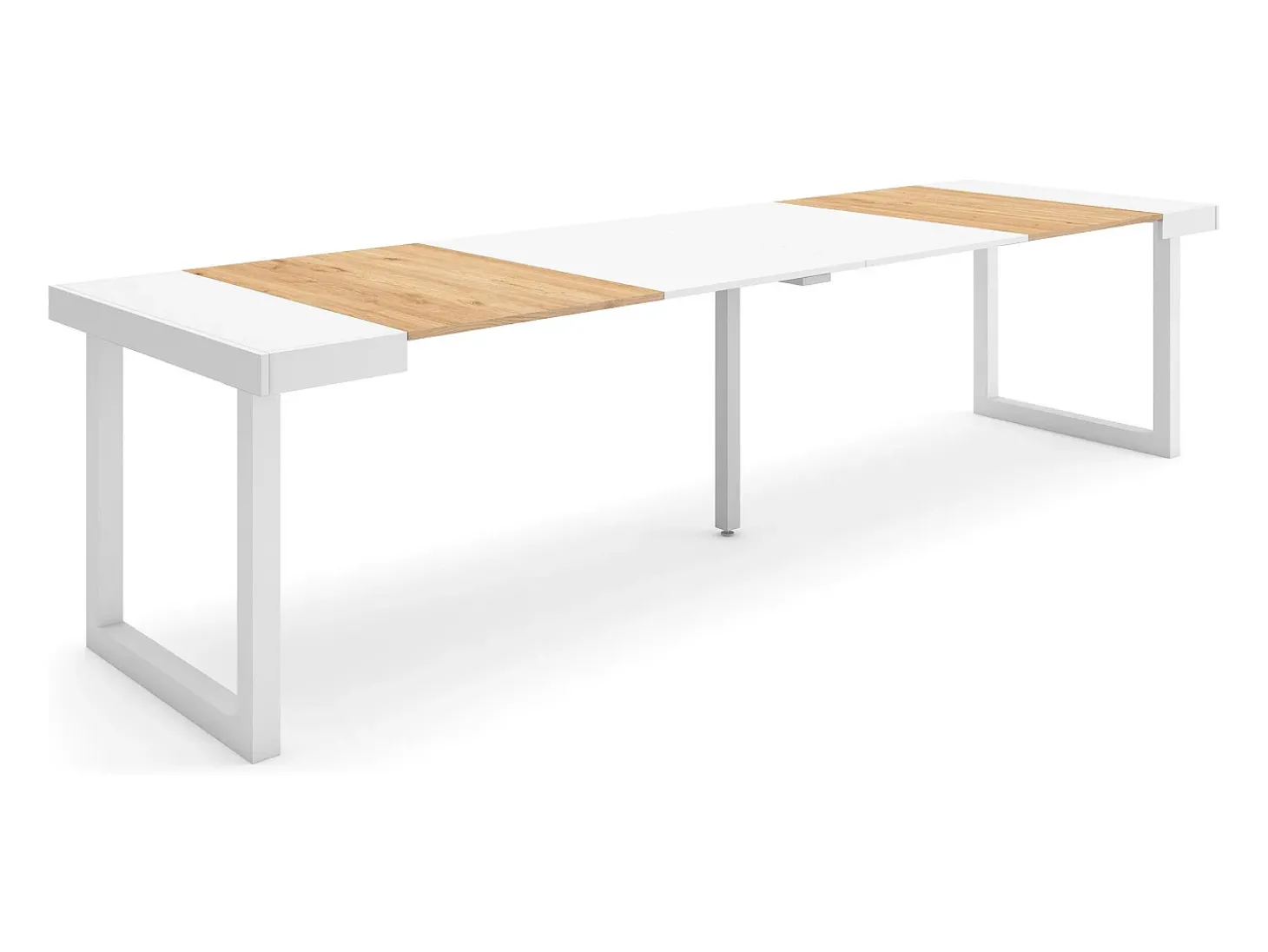 Mesa Consola Extensível, 302x90x73cm, Para 14 pessoas, Pés de madeira, Carvahlo e branco