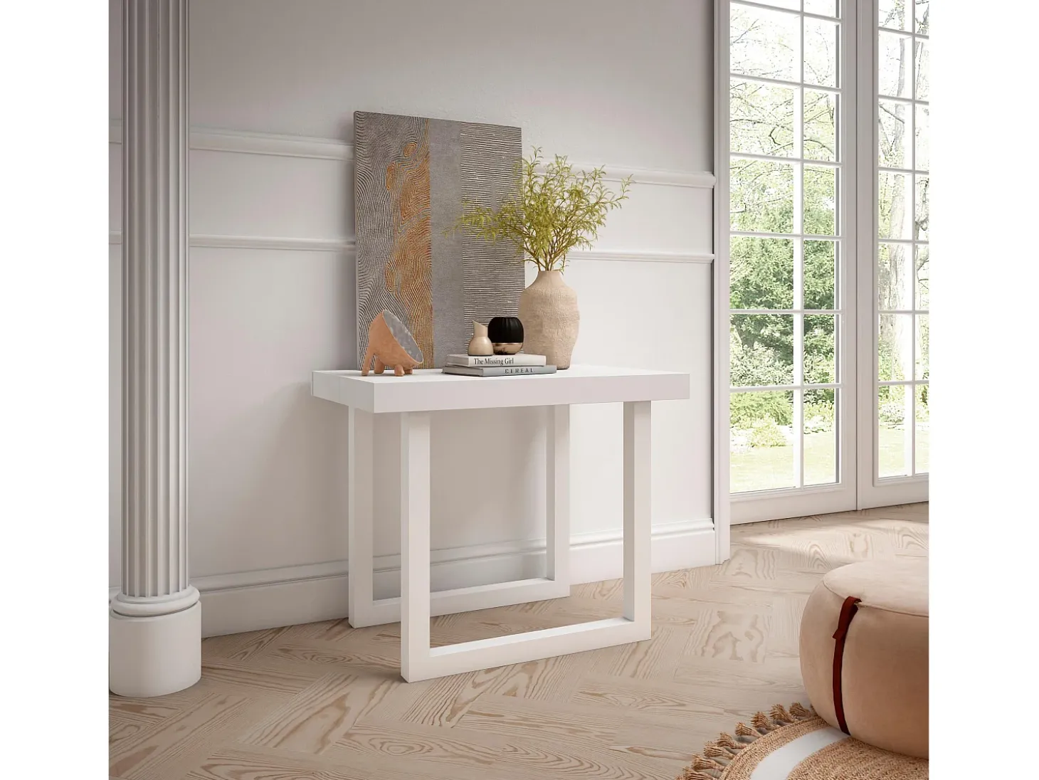 Mesa Consola Extensível, 302x90x73cm, Para 14 pessoas, Pés de madeira, Carvahlo e branco