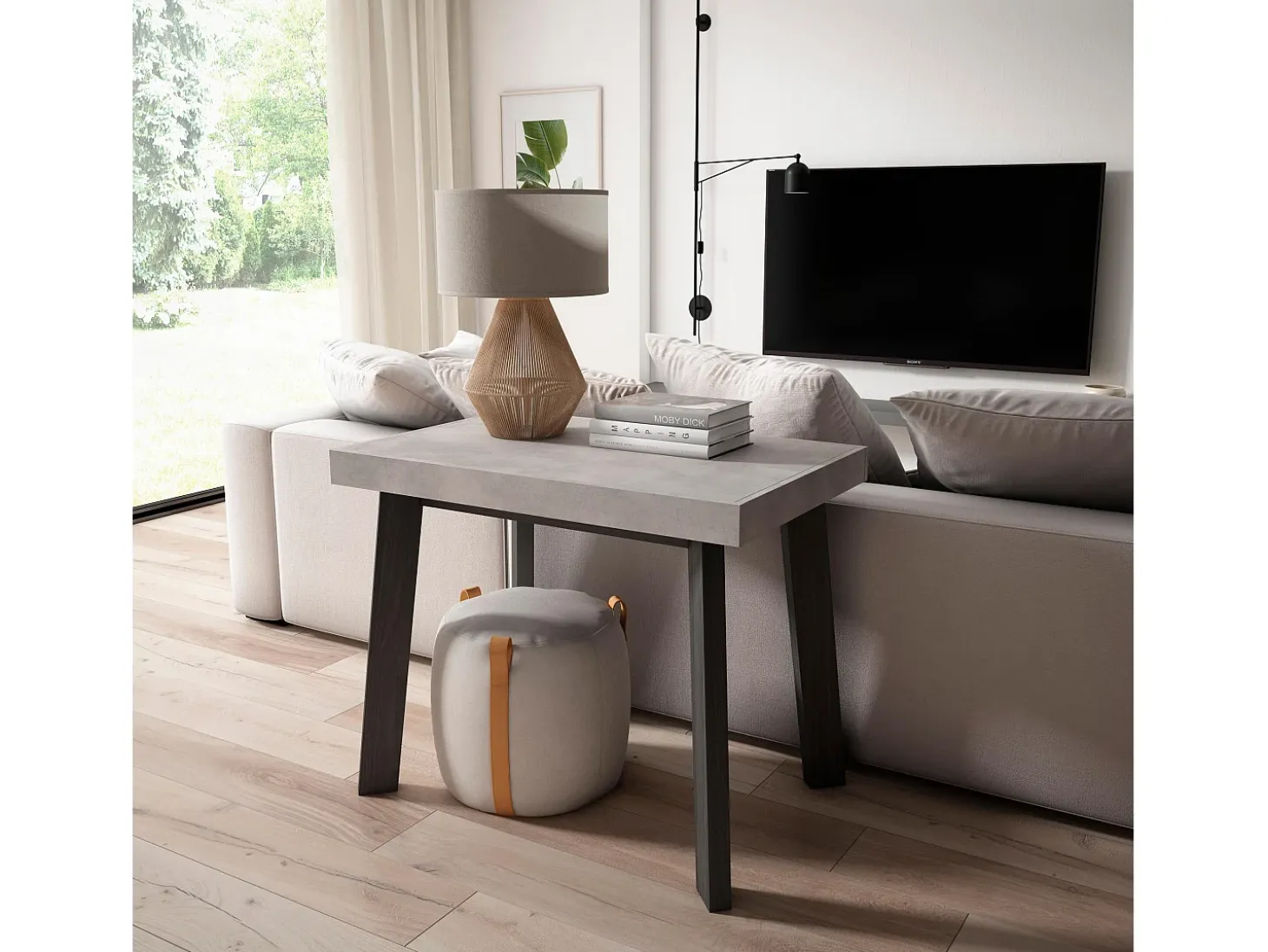 Mesa Consola Extensível, 180x90x73cm, Para 8 pessoas, Pés de madeira, Cimento