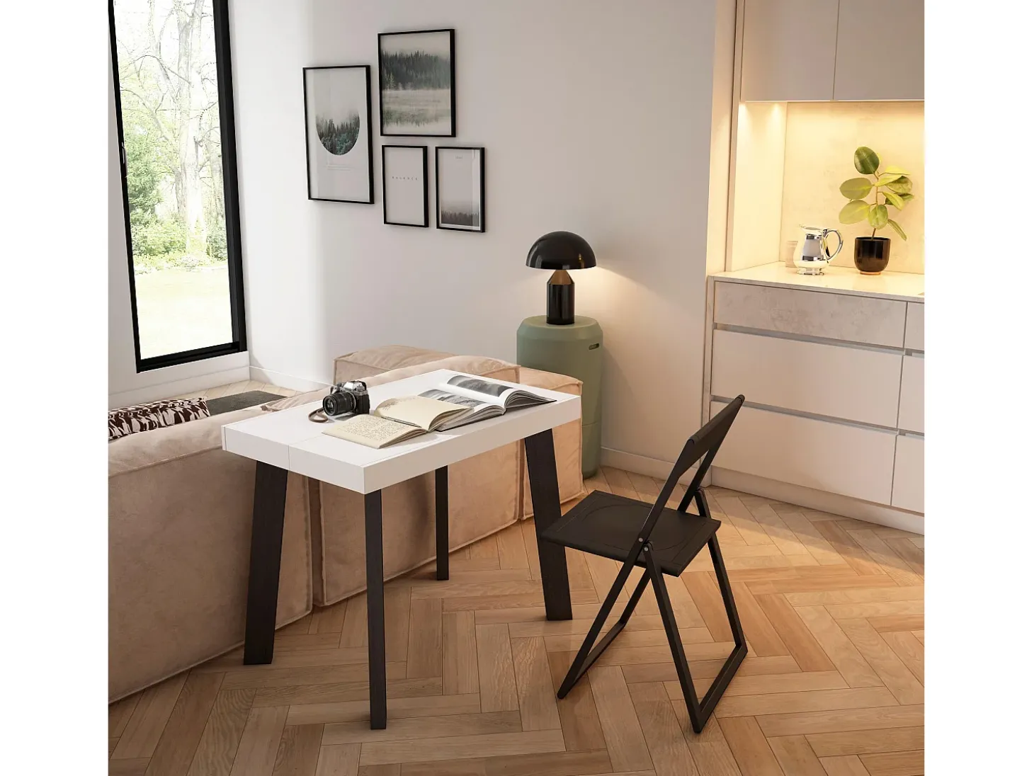 Mesa Consola Extensível, 262x90x73cm, Para 12 pessoas, Pés de madeira, Branco