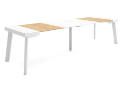 Mesa Consola Extensível, 302x90x73cm, Para 14 pessoas, Pés de madeira, Carvahlo e branco