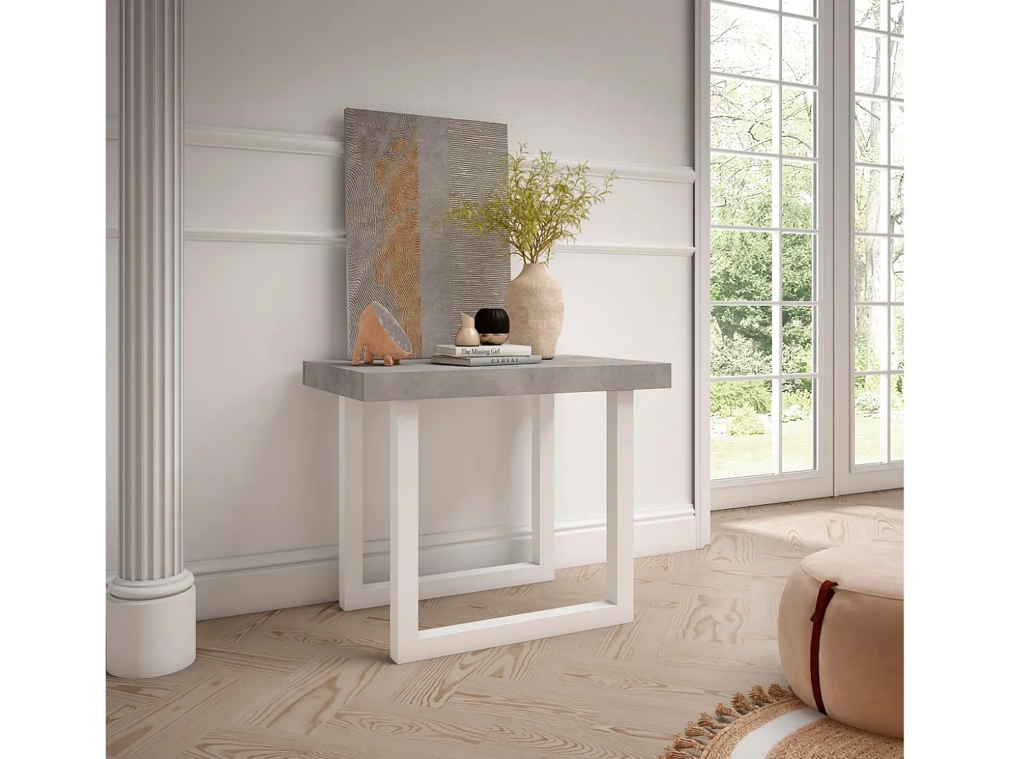 Mesa Consola Extensível, 262x90x73cm, Para 12 pessoas, Pés de madeira, Cimento