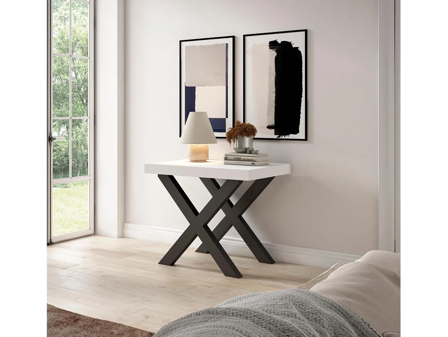 Mesa Consola Extensível, 262x90x73cm, Para 12 pessoas, Pés de madeira, Branco