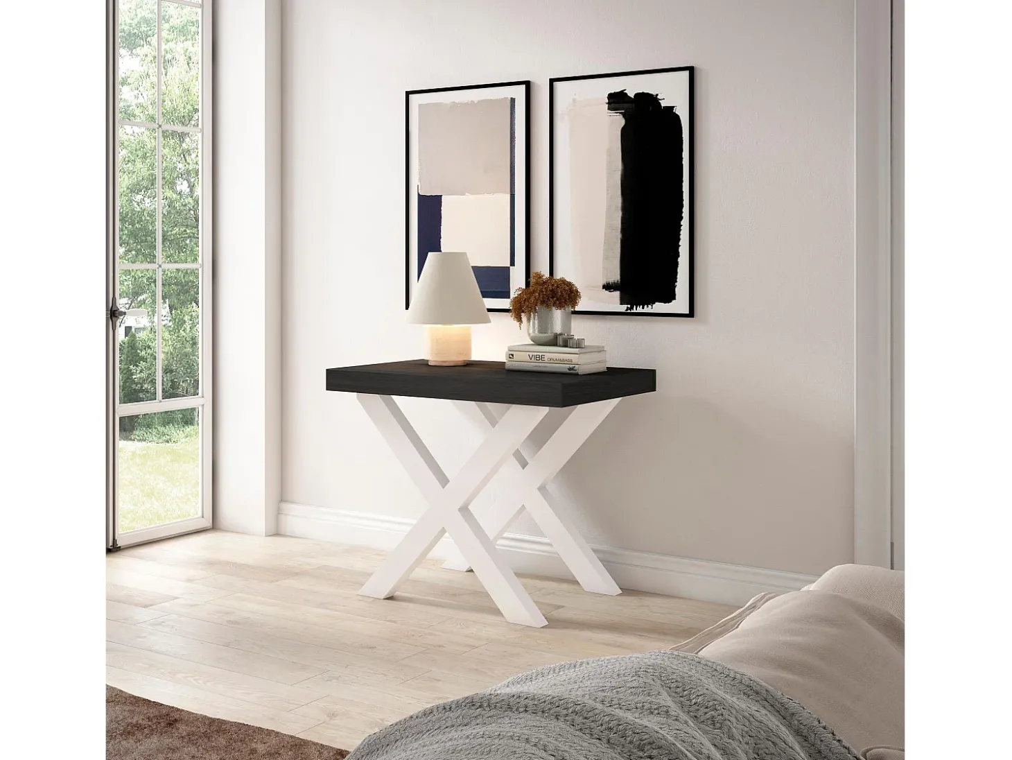 Mesa Consola Extensível, 302x90x73cm, Para 14 pessoas, Pés de madeira, Preto