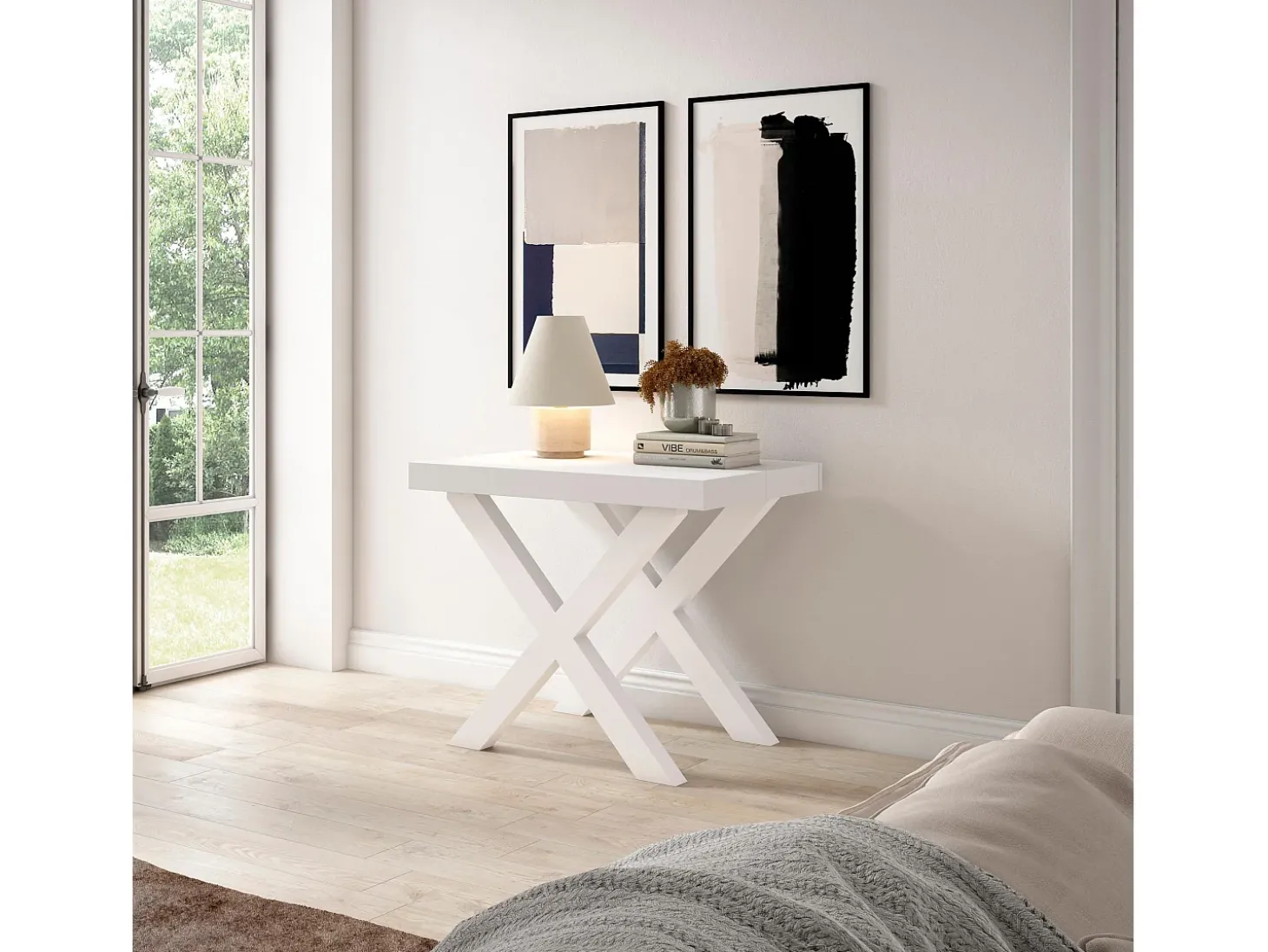 Mesa Consola Extensível, 222x90x73cm, Para 10 pessoas, Pés de madeira, Branco e cinzento