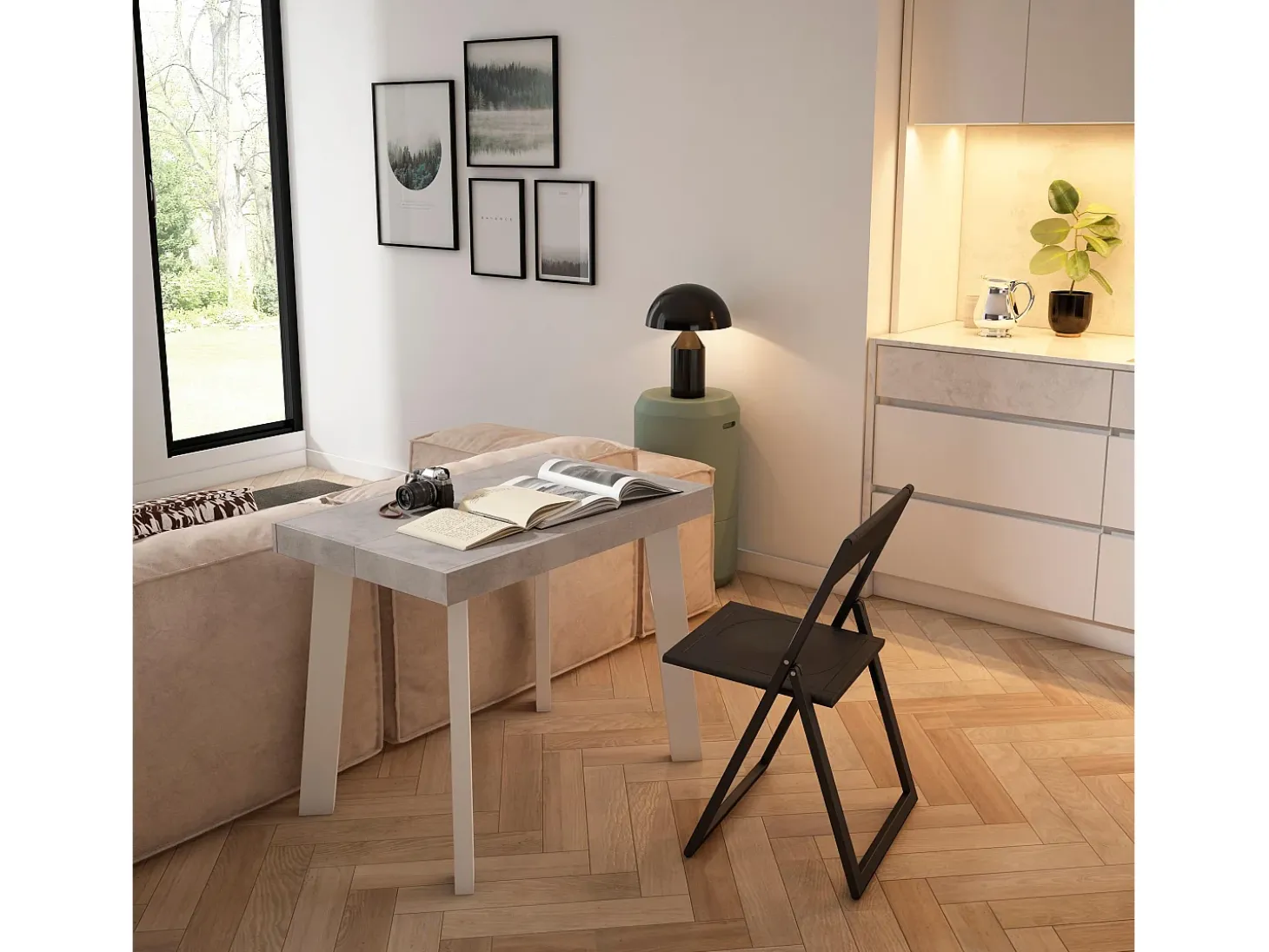 Mesa Consola Extensível, 222x90x73cm, Para 10 pessoas, Pés de madeira, Branco e cinzento