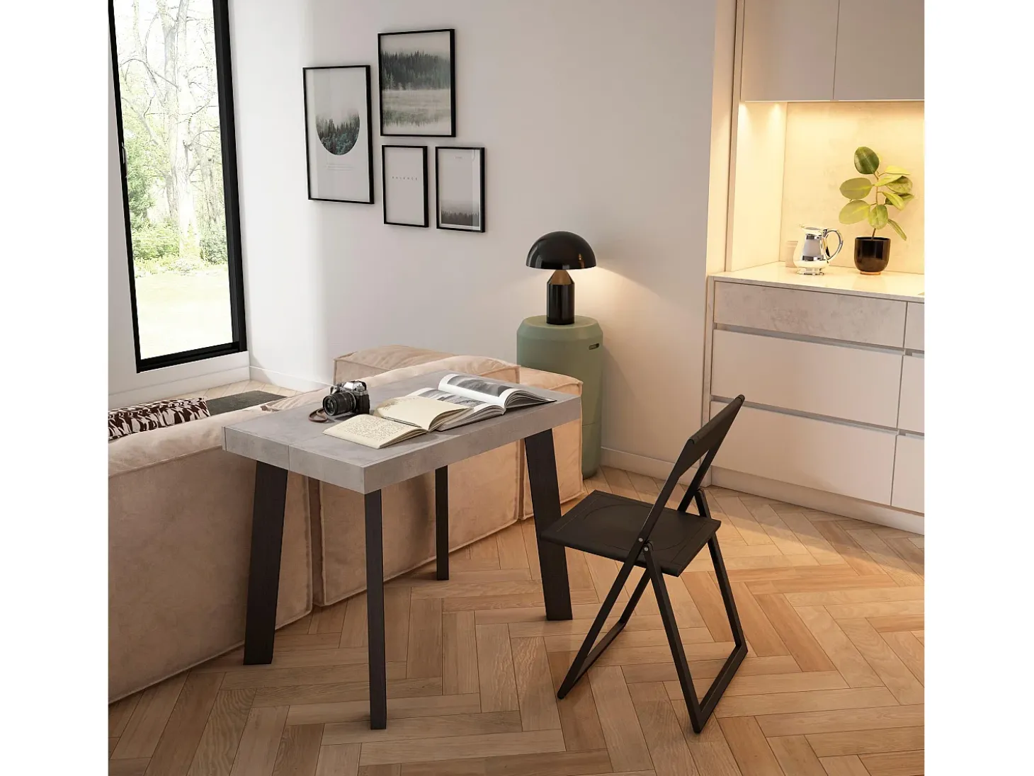 Mesa Consola Extensível, 302x90x73cm, Para 14 pessoas, Pés de madeira, Cimento