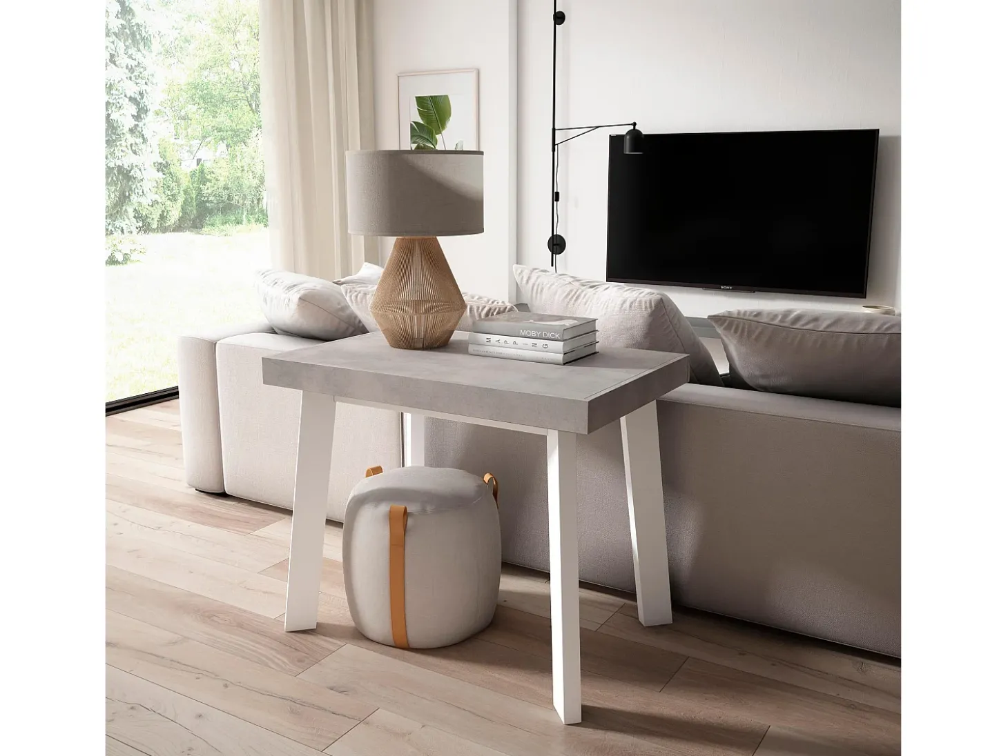 Mesa Consola Extensível, 180x90x73cm, Para 8 pessoas, Pés de madeira, Branco e cinzento