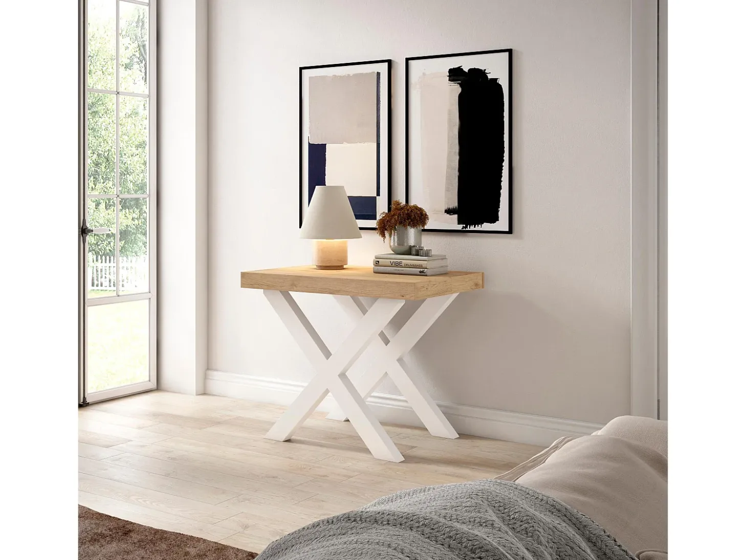 Mesa Consola Extensível, 262x90x73cm, Para 12 pessoas, Pés de madeira, Carvahlo e branco