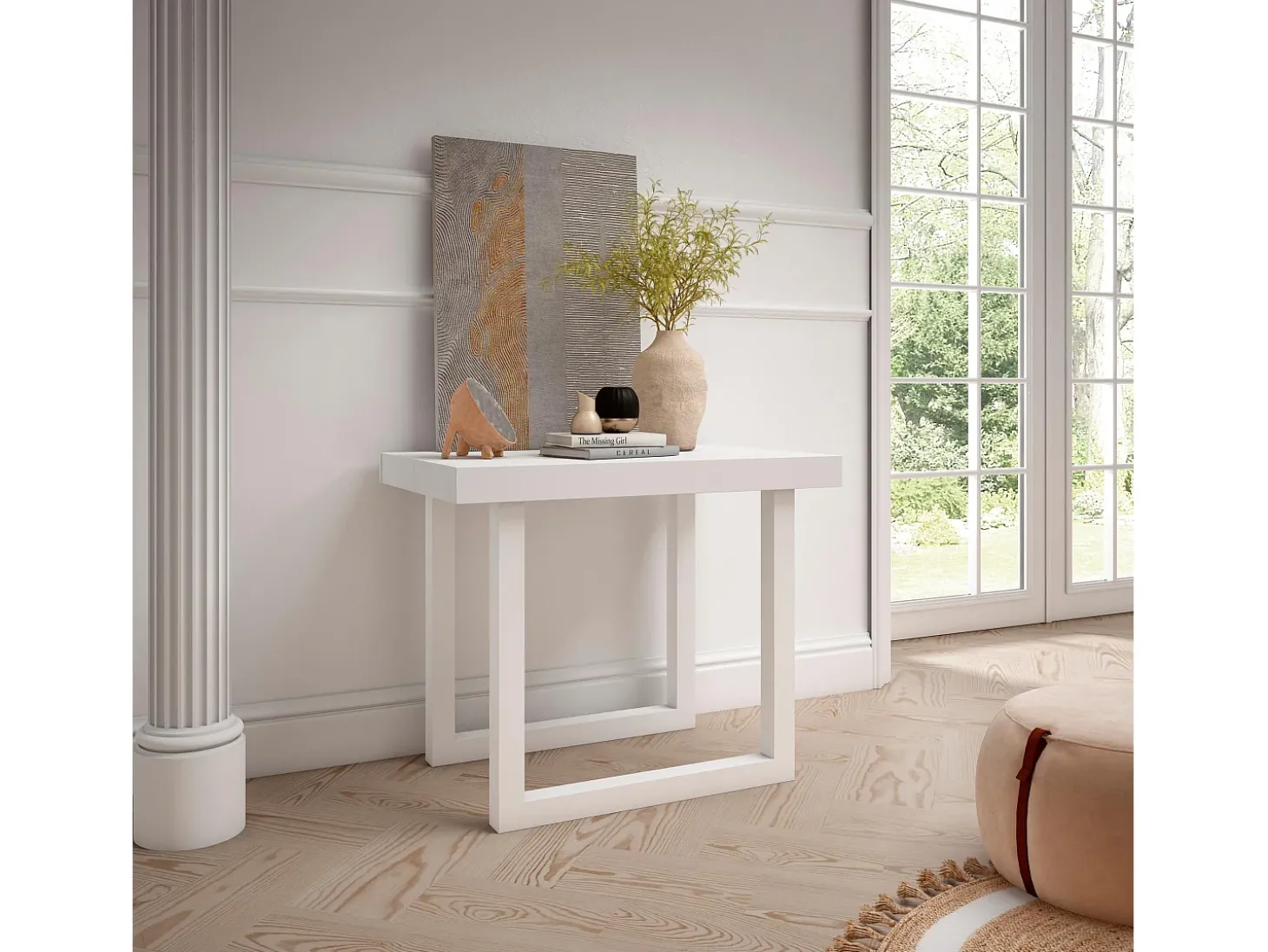 Mesa Consola Extensível, 262x90x73cm, Para 12 pessoas, Pés de madeira, Branco