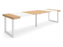 Mesa Consola Extensível, 302x90x73cm, Para 14 pessoas, Pés de madeira, Carvahlo e branco