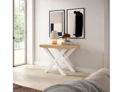 Mesa Consola Extensível, 222x90x73cm, Para 10 pessoas, Pés de madeira, Carvahlo e branco