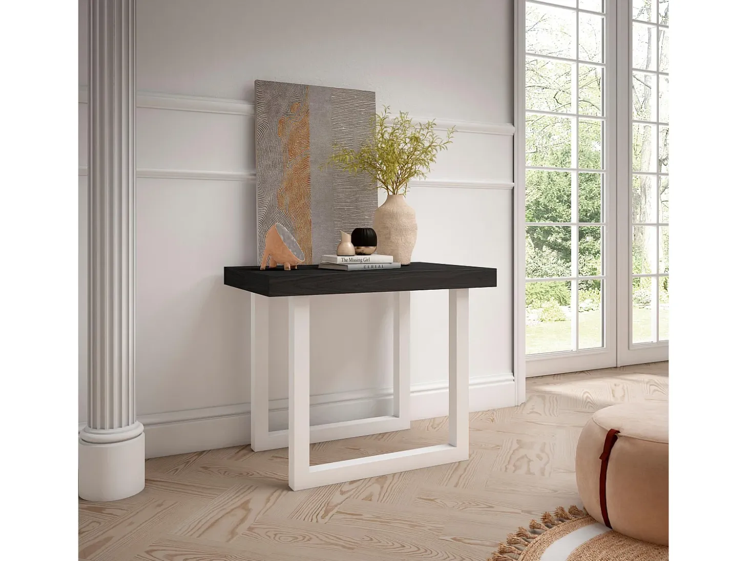 Mesa Consola Extensível, 302x90x73cm, Para 14 pessoas, Pés de madeira, Preto