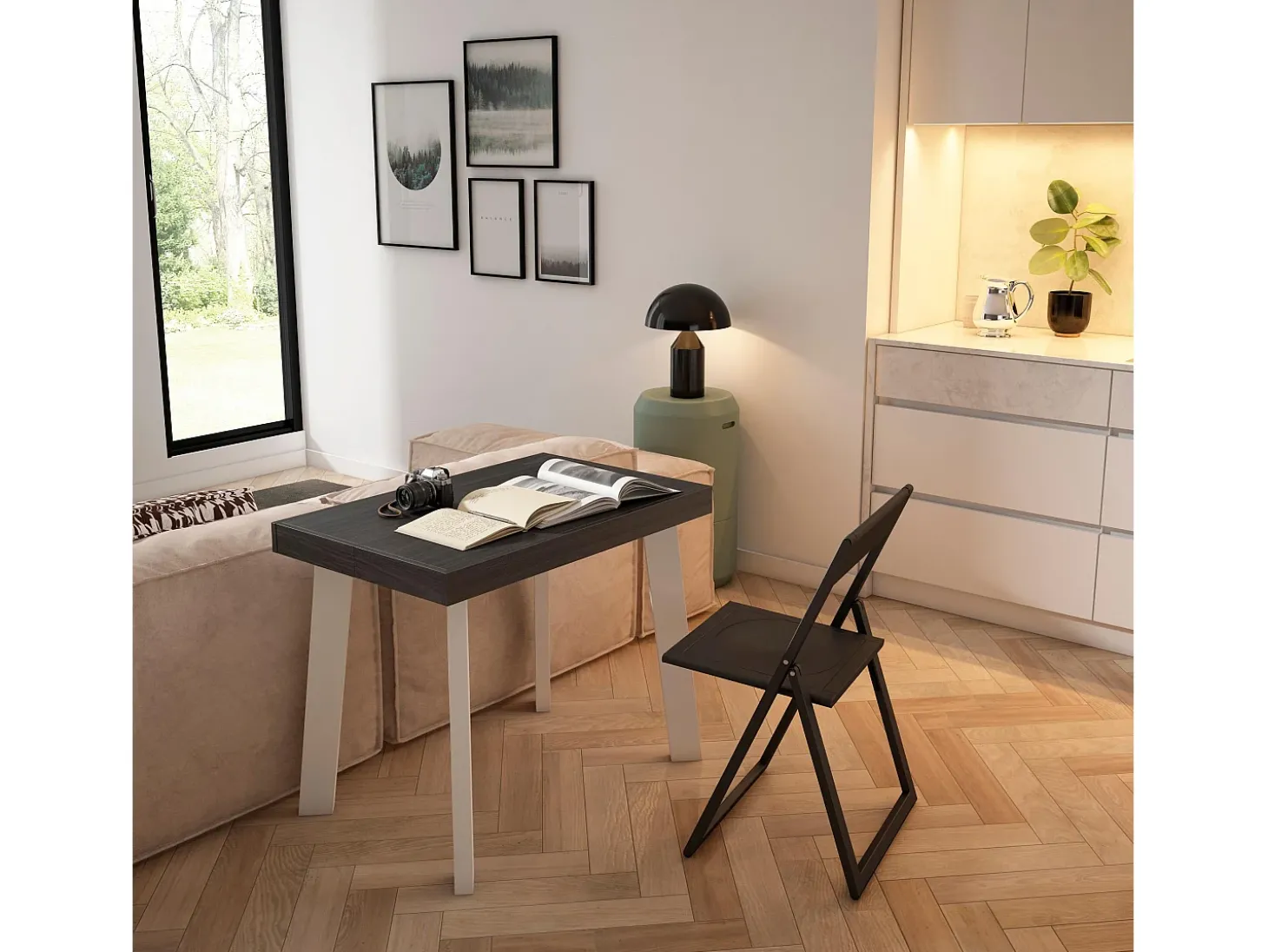 Mesa Consola Extensível, 262x90x73cm, Para 12 pessoas, Pés de madeira, Preto