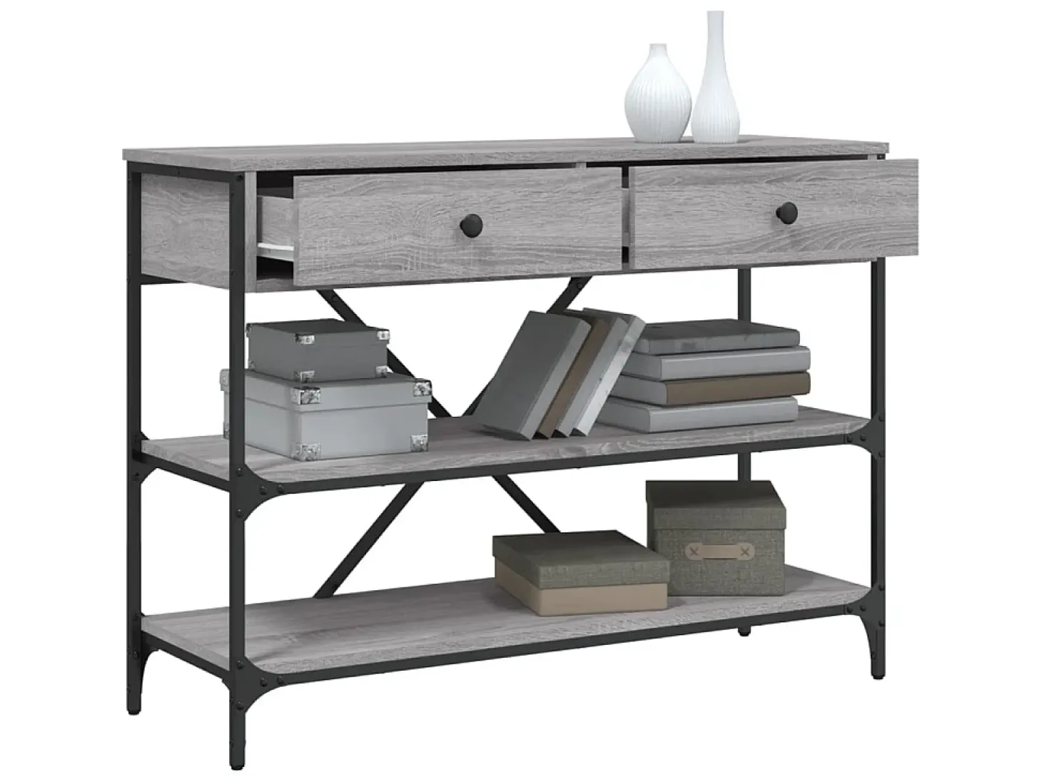 Mesa consola gavetas/prateleiras deriv. madeira cinzento sonoma PT987991