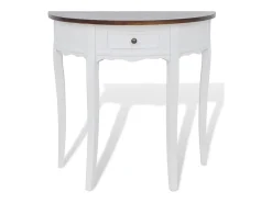 Mesa consola meia-lua com gaveta e tampo castanho