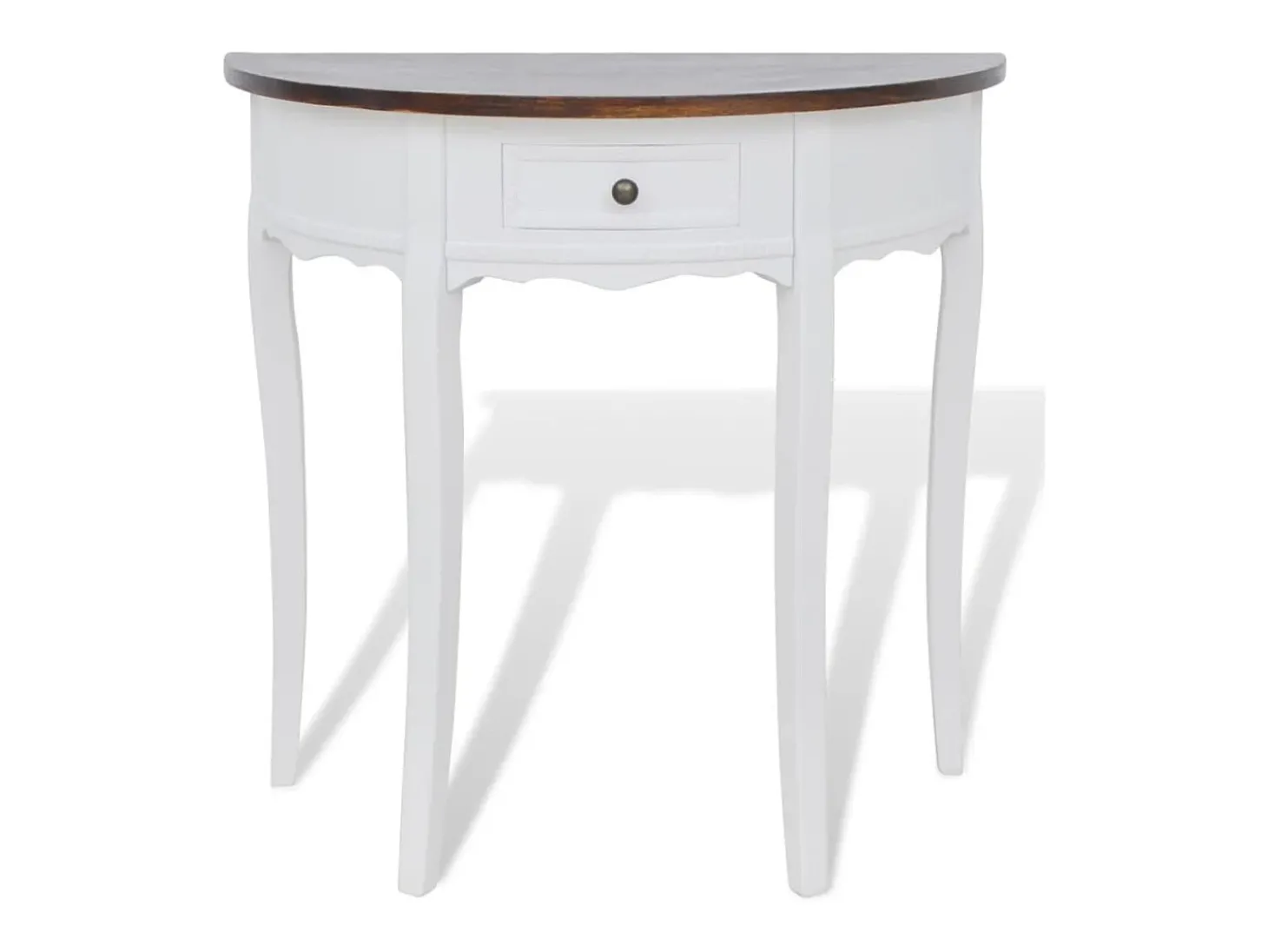 Mesa consola meia-lua com gaveta e tampo castanho